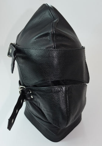 Genuine Leather Sensory Deprivation Hood w/ Attached Blindfold and Gag