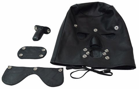 Genuine Leather Sensory Deprivation Bondage Hood w/ Attachable Blindfold, Gag and Oral Insert